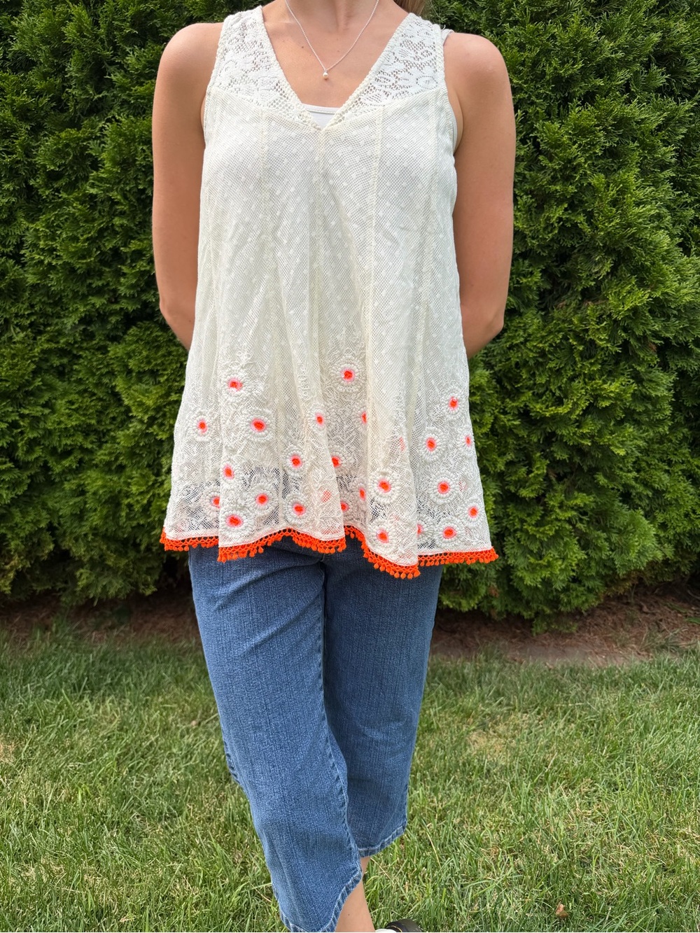 Vanessa Virginia Women’s Boho Cream Lace V-Neck Tank with Orange Accent